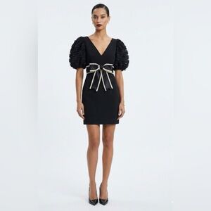 Vintage San Carlin Black Puff Ruffle Lace Sleeve Cocktail‎ Dress Satin Bow 80s